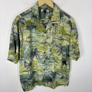 Tommy Bahama 100% Silk Hawaiian Shirt Tropical Palm Tree Print Green Men’s M